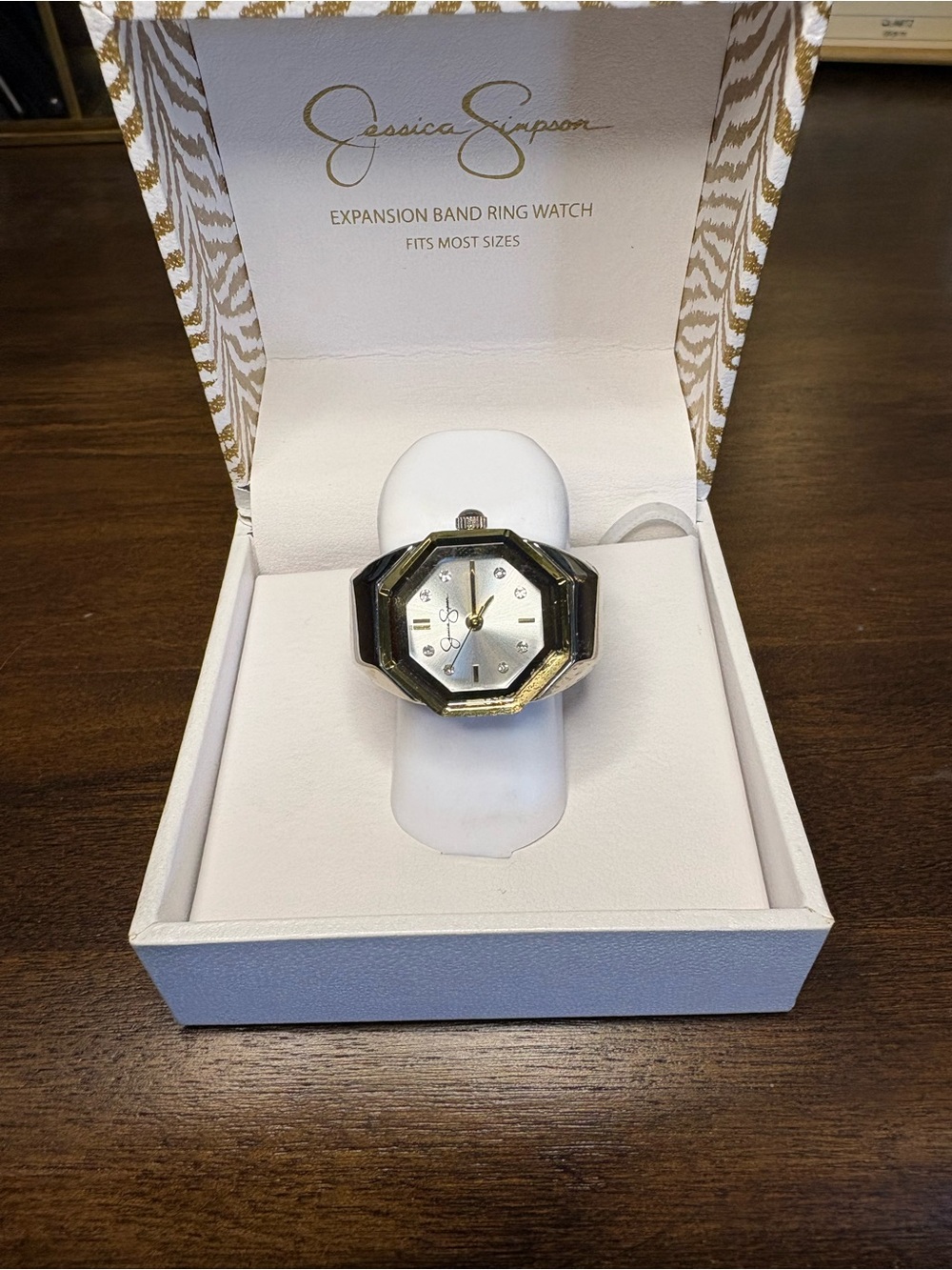 Jessica Simpson Gold and Black Octagonal Ring Watch